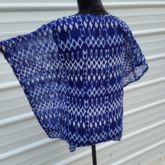 H&M SHEER Peasant BOHO Blouse Shirt Top 4 Small White Blue Kimono Sleeve Ruffle - Picture 8 of 10